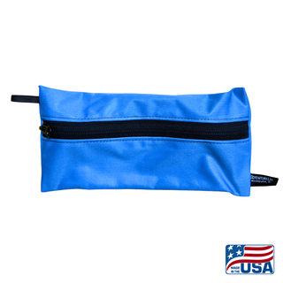 Eco-friendly, water-resistant pack bags keep messes contained and gear organized. Perfect for travel, wet swimsuits, toiletries, or hiking essentials, they make sustainable living simple and stylish. USA Made in Wisconsin. Light Blue color with black zipper and hang loop. Size Small 9 inches by 4.5 inches.