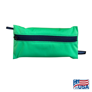 Eco-friendly, water-resistant pack bags keep messes contained and gear organized. Perfect for travel, wet swimsuits, toiletries, or hiking essentials, they make sustainable living simple and stylish. USA Made in Wisconsin. Lime Green color with black zipper and hang loop. Size Small 9 inches by 4.5 inches.