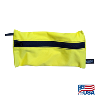Eco-friendly, water-resistant pack bags keep messes contained and gear organized. Perfect for travel, wet swimsuits, toiletries, or hiking essentials, they make sustainable living simple and stylish. USA Made in Wisconsin. Yellow color with black zipper and hang loop. Size Small 9 inches by 4.5 inches.
