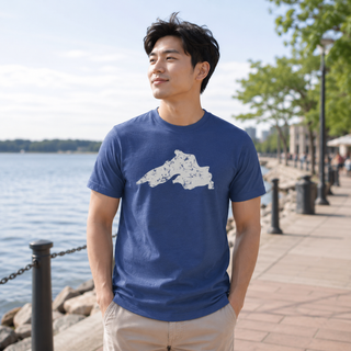 Man wearing a blue t-shirt with a white graphic design, standing by a waterfront. AdventureUs Lake Superior Vintage Print T Shirt - Lifestyle
