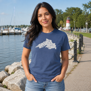 Woman wearing a blue t-shirt with a map design by a waterfront. AdventureUs Lake Superior Vintage Print T Shirt - Lifestyle