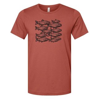 Clay-colored t-shirt with a graphic of a school of fish, designed and heat-pressed by AdventureUs in Washburn WI