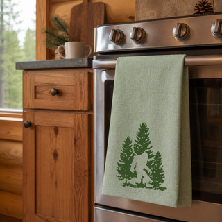 Green towel with a sasquatch and tree design hanging on a stove in a kitchen.
