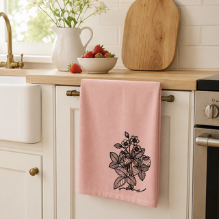 Strawberry Botanical Tea Towel - Light Pink Kitchen Towel