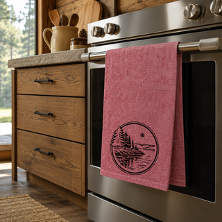 textured red towel with a nature design hanging on a kitchen oven handle.