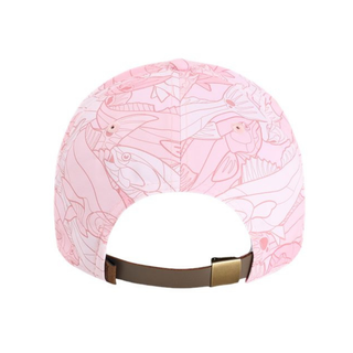 A pink baseball cap with a light pink line art pattern of fish and sea life, featuring a dark brown adjustable strap with a gold metal buckle.
