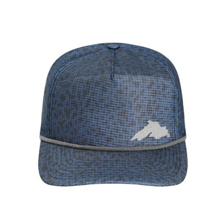 Blue Trout Skin sublimated printed unstructured breathable ripstop brimmed hat with decorate contrasting rope accent and silver embroidered Lake Superior patch by AdventureUs in Wisconsin.
