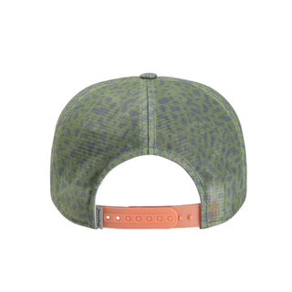 Green Trout Skin sublimated printed unstructured breathable ripstop brimmed hat with decorate contrasting rope accent and silver embroidered Lake Superior patch by AdventureUs in Wisconsin back view.