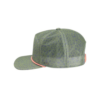 Green Trout Skin sublimated printed unstructured breathable ripstop brimmed hat with decorate contrasting rope accent and silver embroidered Lake Superior patch by AdventureUs in Wisconsin side view.