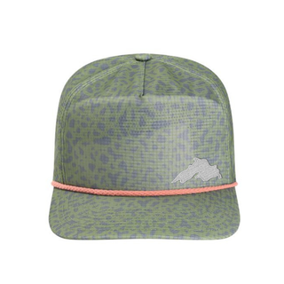 Green Trout Skin sublimated printed unstructured breathable ripstop brimmed hat with decorate contrasting rope accent and silver embroidered Lake Superior patch by AdventureUs in Wisconsin.