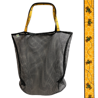 Made to haul all your beach necessities, you will love this bag!  This durable bag is perfect for trips to the beach, park, or local sporting event.  Sturdy black mesh bag with choice of colorful handles Generous size of 23" wide by 19" tall with a 3" gusseted base Eco-friendly manufacturer remnant (leftover) mesh Strong seams joined with nylon binding Durable, heaty-duty, shoulder length handles