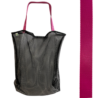 Black mesh bag with choice of colorful handles Generous size: 23" wide by 19" tall and a 3" gusseted base Eco-friendly manufacturer remnant (leftover) mesh Strong seams with nylon binding Durable, heaty-duty, shoulder length handles