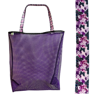 Vibrant purple mesh bag with choice of colorful handles Generous size: 23" wide by 19" tall and a 3" gusseted base Eco-friendly manufacturer remnant (leftover) mesh Strong seams with nylon binding Durable, heaty-duty, shoulder length handles