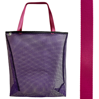 Vibrant purple mesh bag with choice of colorful handles Generous size: 23" wide by 19" tall and a 3" gusseted base Eco-friendly manufacturer remnant (leftover) mesh Strong seams with nylon binding Durable, heaty-duty, shoulder length handles