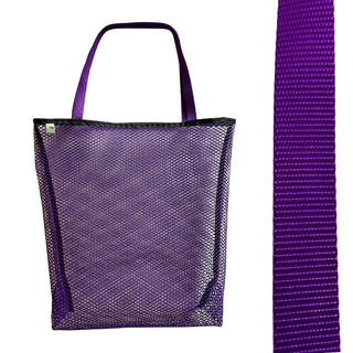 Vibrant purple mesh bag with choice of colorful handles Generous size: 23" wide by 19" tall and a 3" gusseted base Eco-friendly manufacturer remnant (leftover) mesh Strong seams with nylon binding Durable, heaty-duty, shoulder length handles