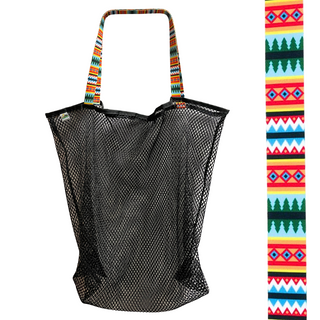 Made to haul all your beach necessities, you will love this bag!  This durable bag is perfect for trips to the beach, park, or local sporting event.  Sturdy black mesh bag with choice of colorful handles Generous size of 23" wide by 19" tall with a 3" gusseted base Eco-friendly manufacturer remnant (leftover) mesh Strong seams joined with nylon binding Durable, heaty-duty, shoulder length handles