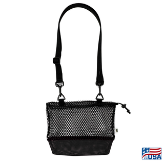 AdventureUs Mesh Collecting Bag in Black. Gusseted bottom and drawstring closure on a mesh collecting bag for rocks, mushrooms, shells, and beach finds. Strap removed.