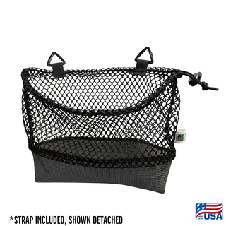Black AdventureUs mesh collecting bag with carrying strap shown detached for agate hunting, rock collecting, mushroom foraging, and beachcombing.