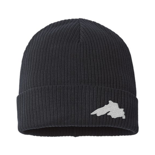 Black Organic Cotton Cuffed Knit Beanie featuring a Lake Superior embroidered patch designed and applied by AdventureUs in Washburn Wisconsin.