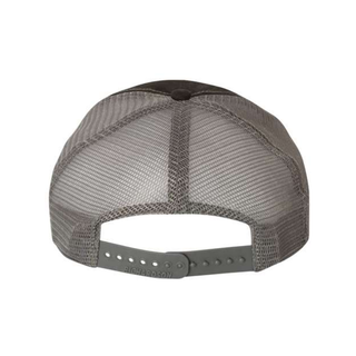 Grey snapback closure on a trucker hat with grey mesh sides.