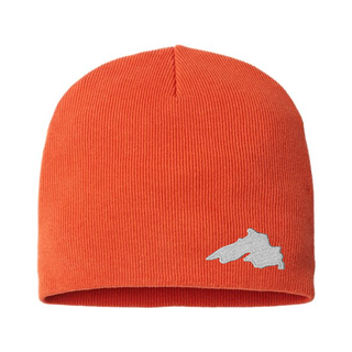 Blaze Orange Organic Cotton  Knit Beanie featuring a Lake Superior embroidered patch designed and applied by AdventureUs in Washburn Wisconsin.