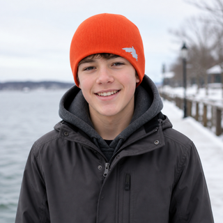 Blaze Orange Organic Cotton  Knit Beanie featuring a Lake Superior embroidered patch designed and applied by AdventureUs in Washburn Wisconsin.