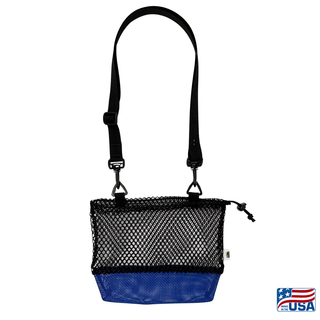 Blue and Black AdventureUs mesh collecting bag with carrying strap for agate hunting, rock collecting, mushroom foraging, and beachcombing.