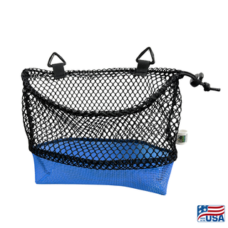 AdventureUs Mesh Collecting Bag in Blue and Black. Gusseted bottom and drawstring closure on a mesh collecting bag for rocks, mushrooms, shells, and beach finds. Strap removed.