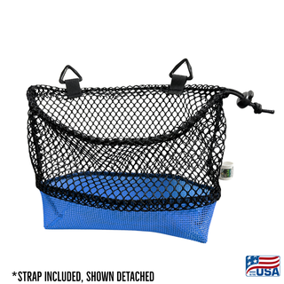 Blue AdventureUs mesh collecting bag with carrying strap shown detached for agate hunting, rock collecting, mushroom foraging, and beachcombing.