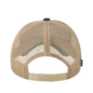 Trucker hat with mesh back and snapback enclosure.