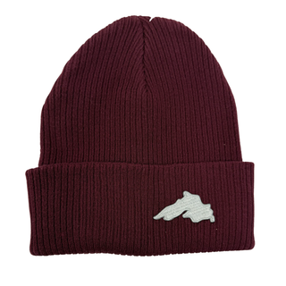 Burgundy cuffed ribbed knit hat featuring a silver lake superior embroidered patch.