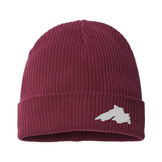 Burgundy Organic Cotton Cuffed Knit Beanie with Lake Superior embroidered patch designed and applied by AdventureUs in Washburn Wisconsin.