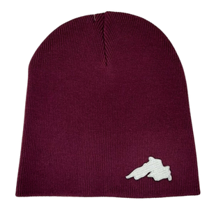Burgundy stretchy narrow rib knit beanie featuring a silver embroidered Lake Superior patch.
