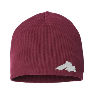 Burgundy Organic Cotton  Knit Beanie featuring a Lake Superior embroidered patch designed and applied by AdventureUs in Washburn Wisconsin.