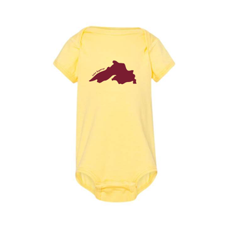 AdventureUs Lake Superior graphic on a soft yellow baby bodysuit.
