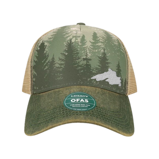 Trucker Hat with green bill and tan mesh sides and sublimated green forest trees image and a silver embroidered Lake Superior in the lower right corner.