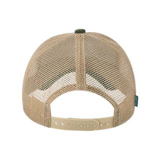 Snap back closure on trucker hat with tan mesh sides.