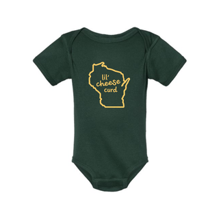 AdventureUs Wisconsin Lil Cheese Curd graphic on a forest green baby bodysuit.