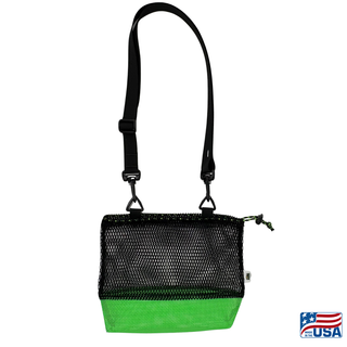 Green and Black AdventureUs mesh collecting bag with carrying strap for agate hunting, rock collecting, mushroom foraging, and beachcombing.