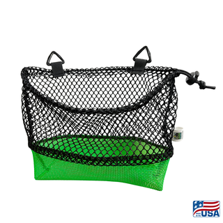 AdventureUs Mesh Collecting Bag in Green and Black. Gusseted bottom and drawstring closure on a mesh collecting bag for rocks, mushrooms, shells, and beach finds. Strap removed.