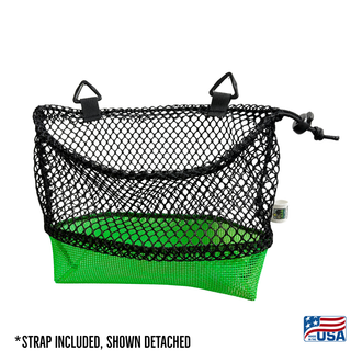 Green AdventureUs mesh collecting bag with carrying strap shown detached for agate hunting, rock collecting, mushroom foraging, and beachcombing.