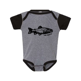 Gray and black baby onesie with AdvenutreUs woodcut fish design with the words Lake Superior.