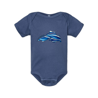 AdventureUs Lake Superior graphic in indigo ombre waves on a blue baby bodysuit.