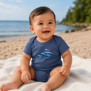 Lake Superior baby bodysuit with AdventureUs outdoor graphic