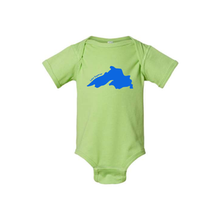 AdventureUs Lake Superior graphic on a lime green baby bodysuit.