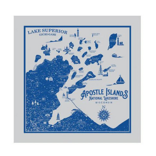 This design features points of interests around the Apostle Islands National Lakeshore and the Bayfield peninsula. 22” square and now available in 3  colors (red is sold out).   Designed by Washburn Wisconsin Artist, Bemused Design Not to be used for navigational purposes