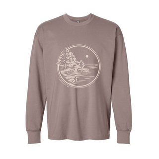 Unisex Lake Superior long sleeve shirt in shiitake with pine tree and shoreline graphic by AdventureUs