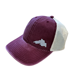 Burgundy Lake Superior Unstructured Trucker Hat with mesh back, adjustable snapback closure, and featuring a silver embroidered lake superior patch.