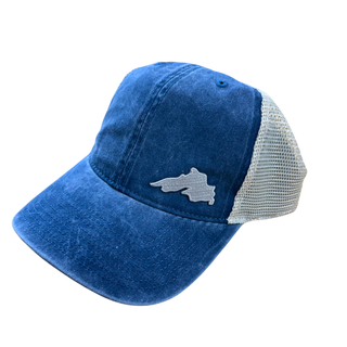 Denim Lake Superior Unstructured Trucker Hat with mesh back, adjustable snapback closure, and featuring a silver embroidered lake superior patch.