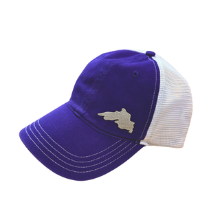 Purple Lake Superior Unstructured Trucker Hat with white mesh back, adjustable snapback closure, and featuring a silver embroidered lake superior patch.